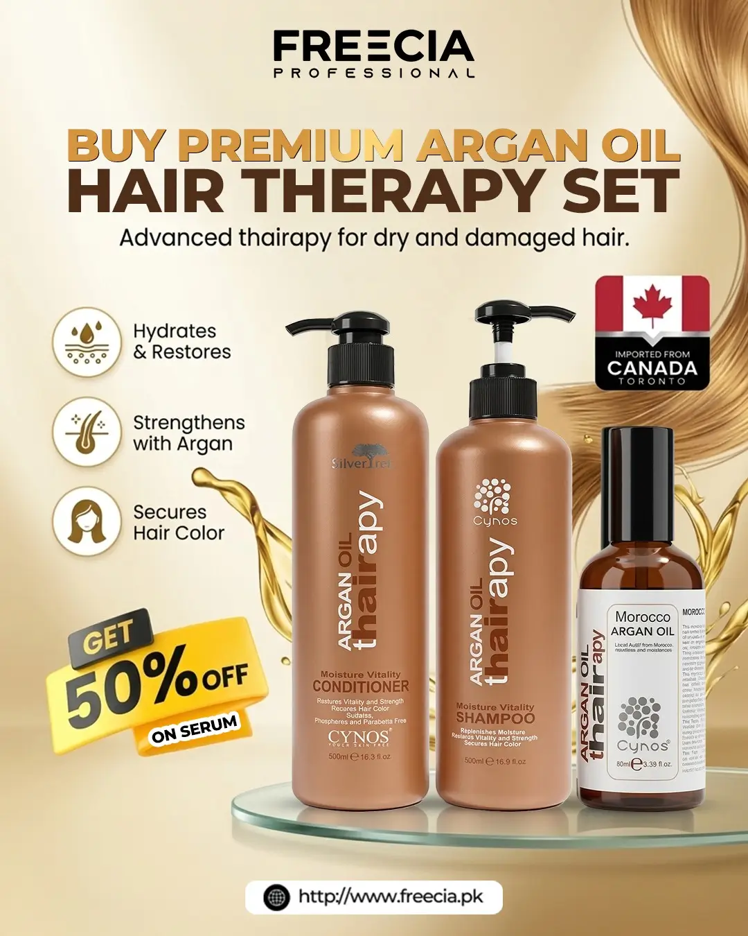 500 ML Freecia Cynos Argan Ultra-Hydrating Shampoo-Conditioner & Serum 240ml-500ml - Image 1